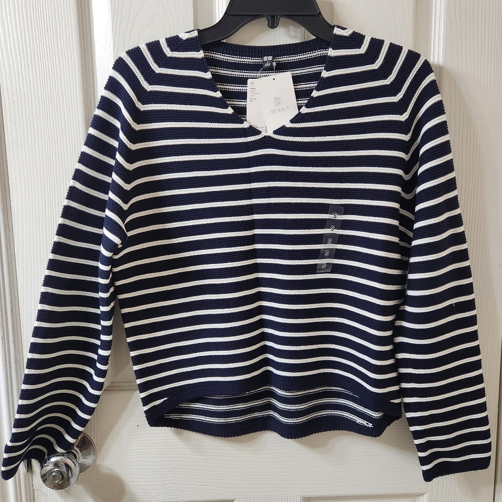 Striped V-Neck Sweater - Navy and White